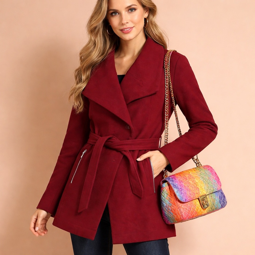 A. Byer burgundy wine peacoat trench tie waist blazer fully lined button snaps L
